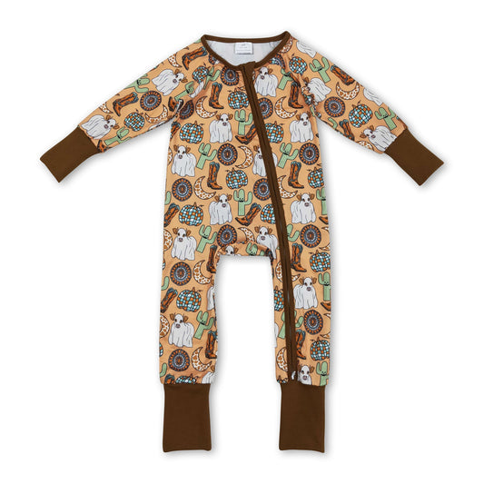 Cow cactus boots pumpkin western baby fall zipper romper