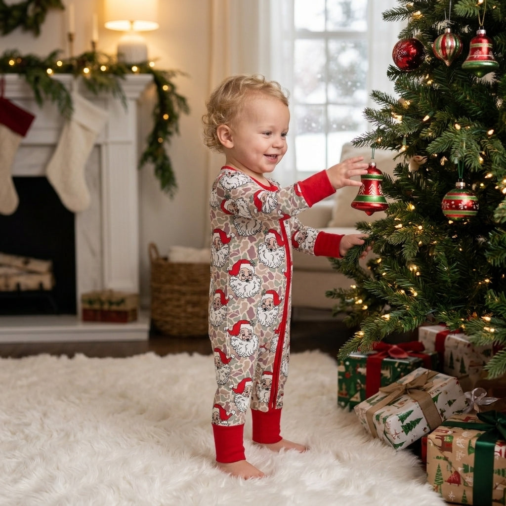 Long sleeves camo santa baby boy Christmas zipper romper