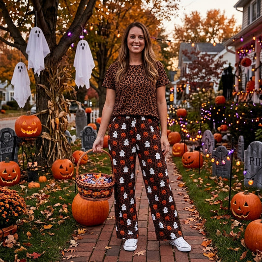Leopard ghost pumpkin adult women Halloween pants