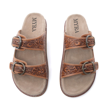 Myra Desert Fern Handtooled Leather Sandals in Autumn Tan