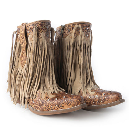 Myra Nashville Nights Fringe Boots for Women in Ember, Handtooled Genuine Leather with Swarovski Stones