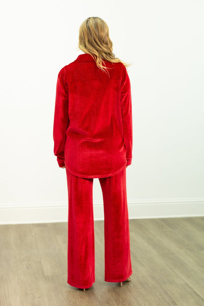 Velvet Straight-Leg Pants, Red