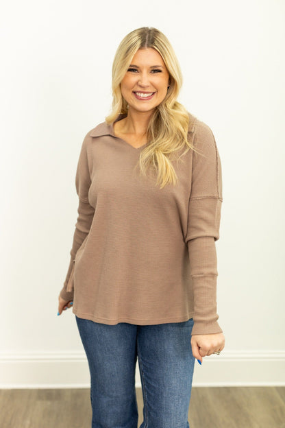 Waffle Knit Top, Brown
