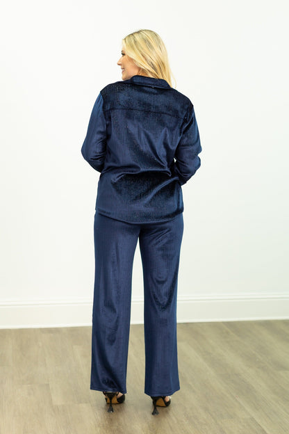 Velvet Straight-Leg Pants, Navy