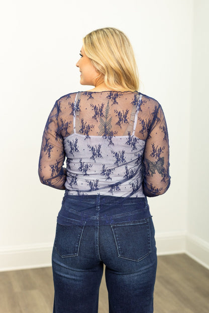 Lace Long-sleeve Top, Navy