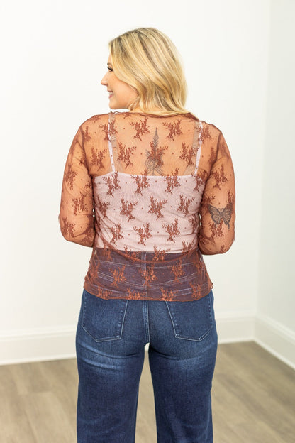 Lace Long-sleeve Top, Brown