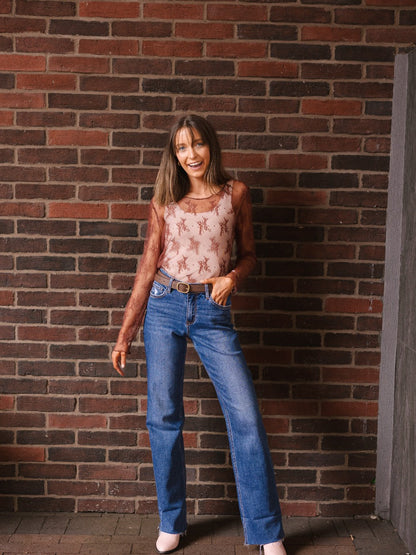 Lace Long-sleeve Top, Brown