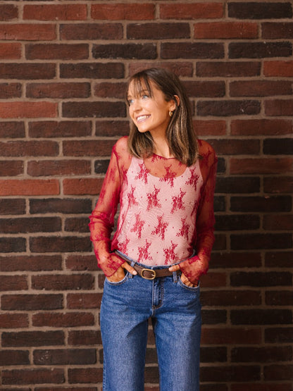 Lace Long-sleeve Top, Red