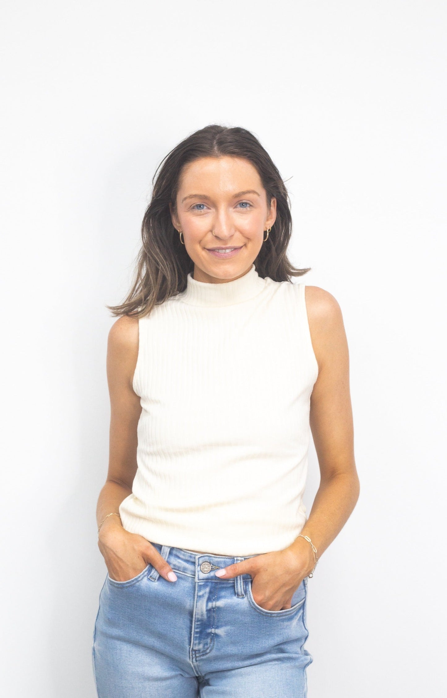 Sleeveless Ribbed Mock Neck Top, Ivory