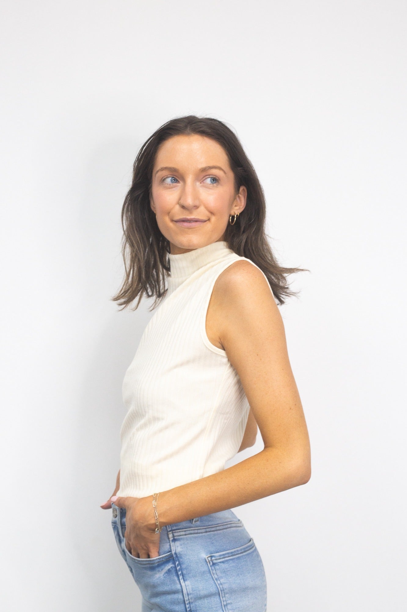Sleeveless Ribbed Mock Neck Top, Ivory
