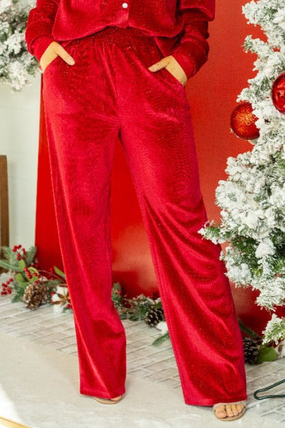 Velvet Straight-Leg Pants, Red