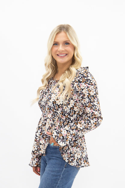 Peplum Blouse with Ruffle Detail, Black Floral