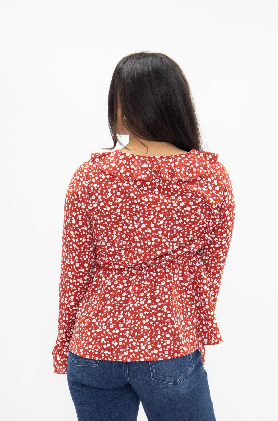 Peplum Blouse with Ruffle Detail, Red Floral
