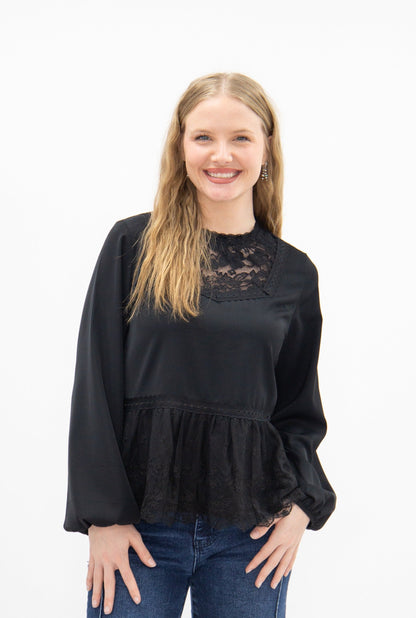 High Neck Blouse with Lace Peplum, Black