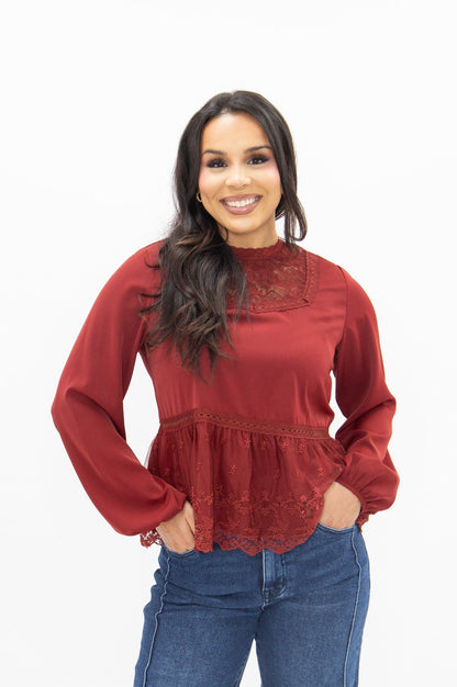 High Neck Blouse with Lace Peplum, Maroon