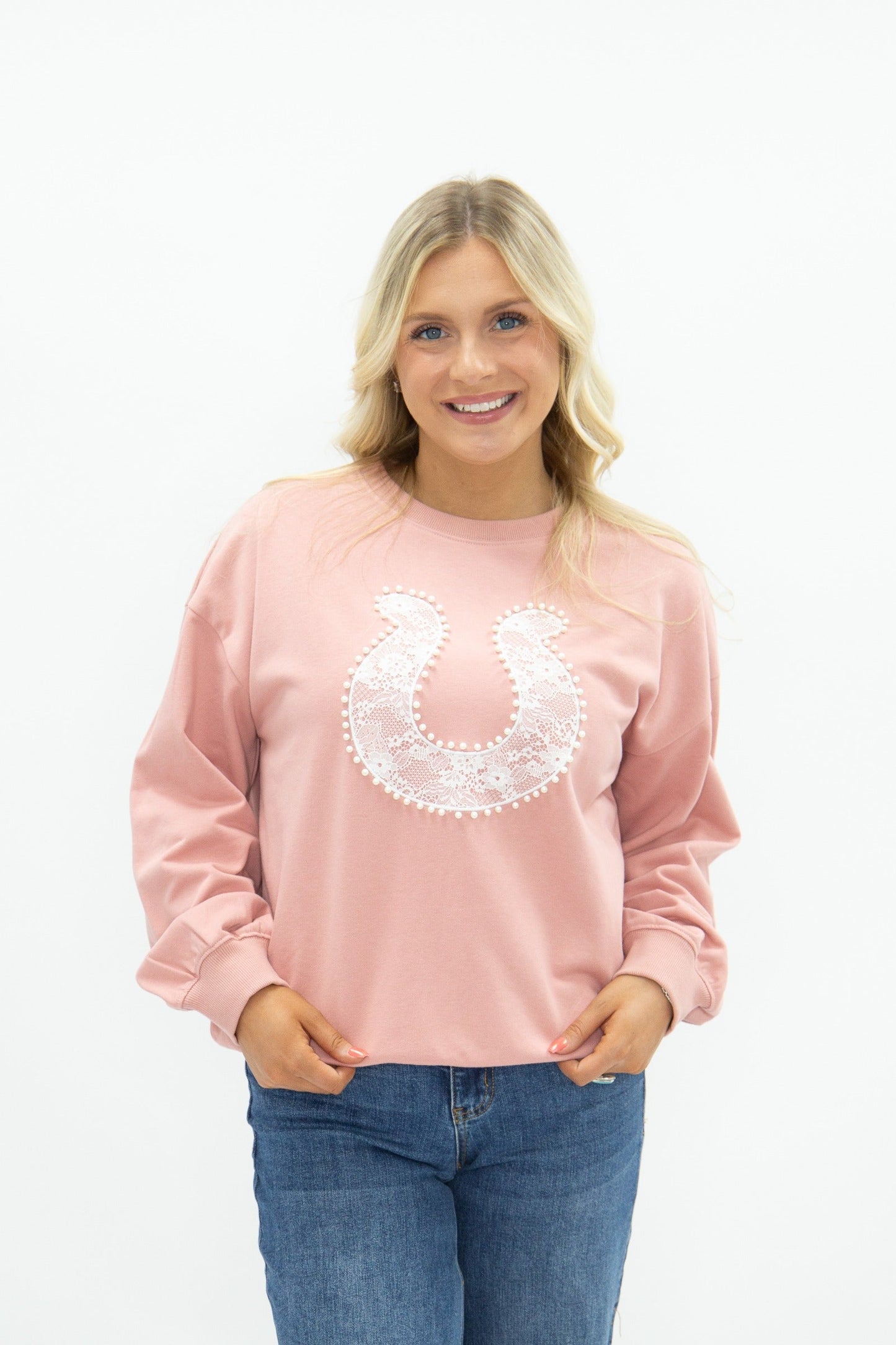 Lace Horse Shoe on Pink Sweatshirt