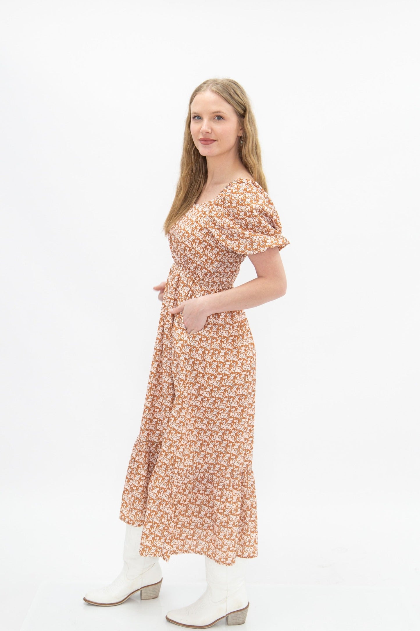 Puff Sleeve Midi Dress, Rust Floral