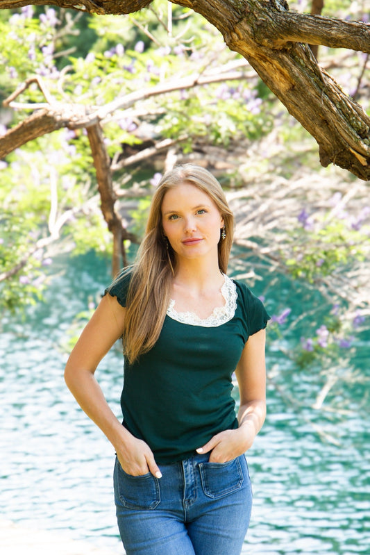 Square Neck Tee with Lace Trim, Forest Green