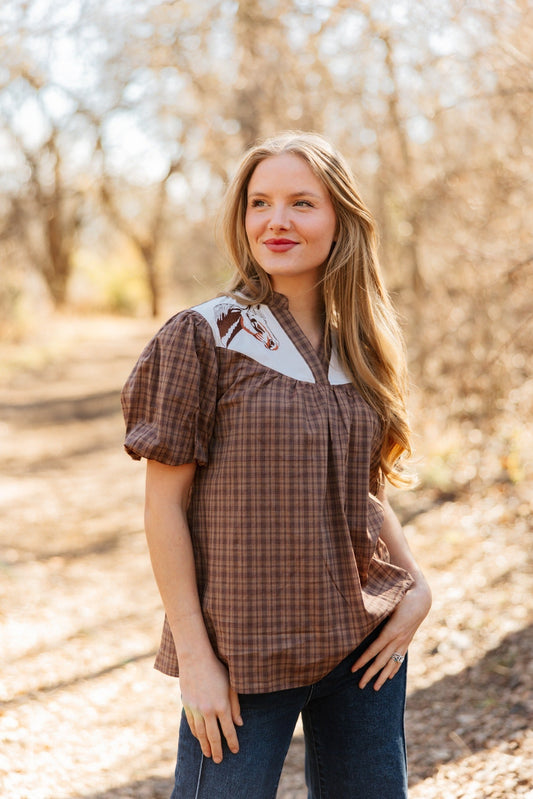 Western Yoke Collared Top with Embroidered Horses