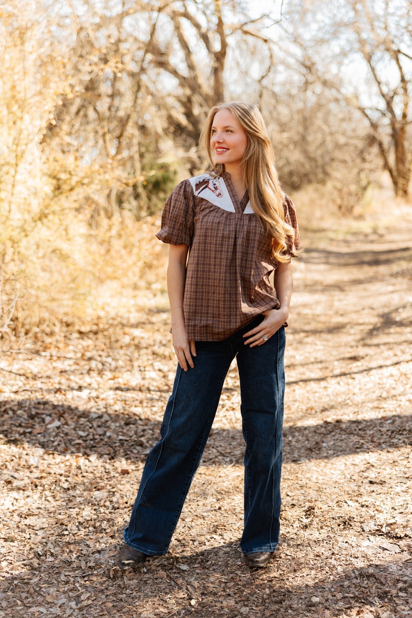Western Yoke Collared Top with Embroidered Horses