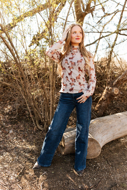 Mock Neck Mesh Top, Horse Print