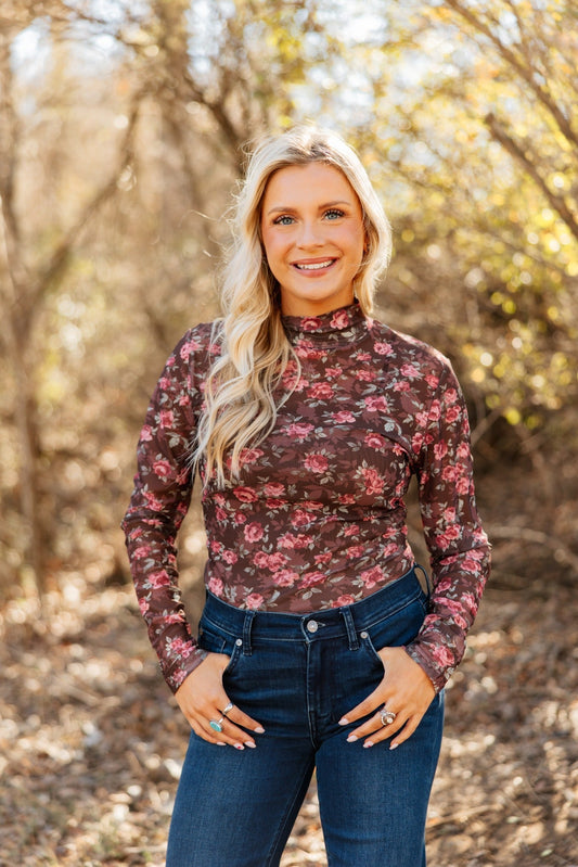 Mock Neck Mesh Top, Floral