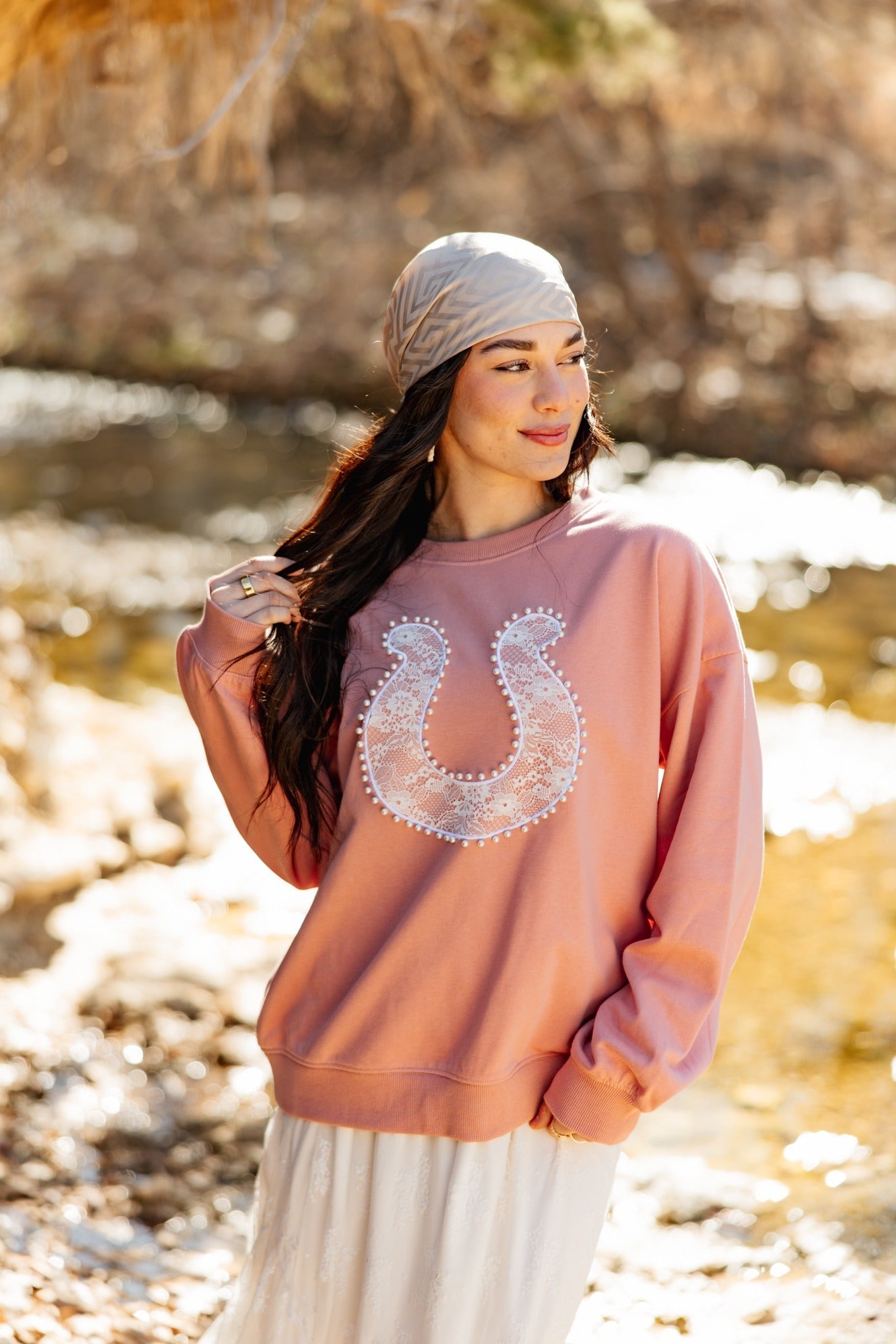 Lace Horse Shoe on Pink Sweatshirt