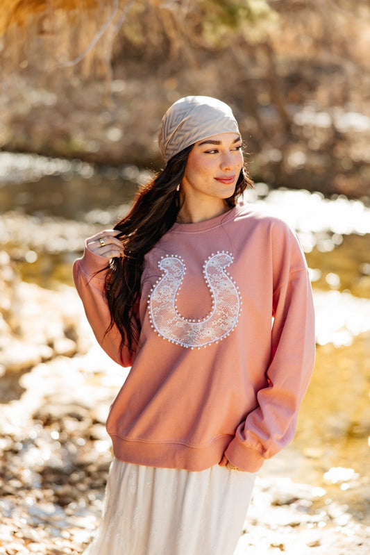 Lace Horse Shoe on Pink Sweatshirt