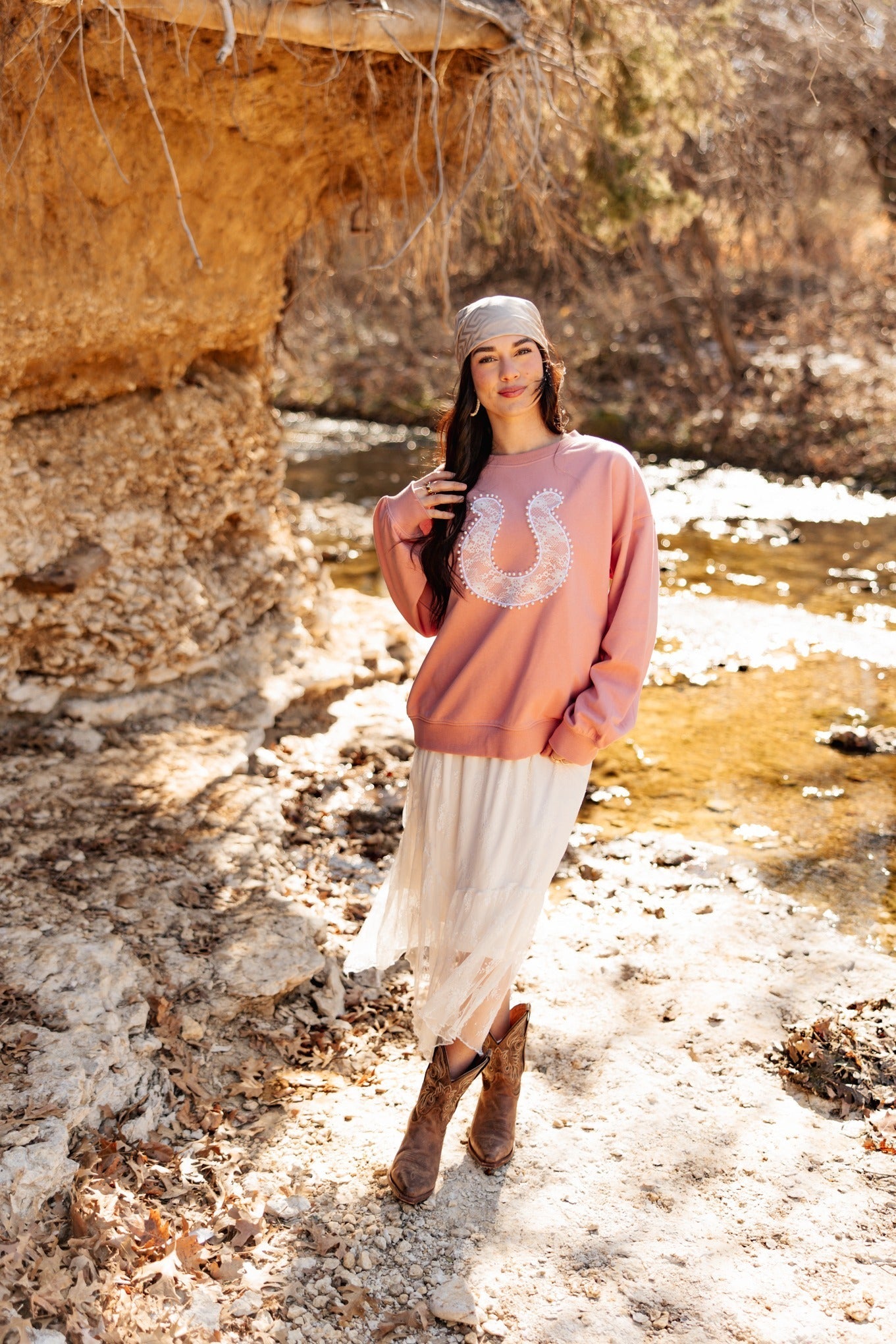 Lace Horse Shoe on Pink Sweatshirt