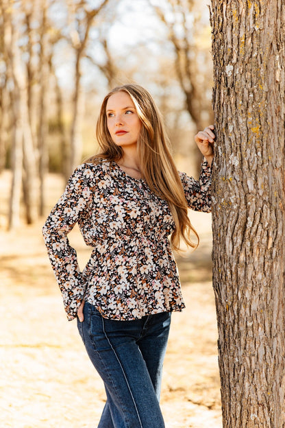 Peplum Blouse with Ruffle Detail, Black Floral