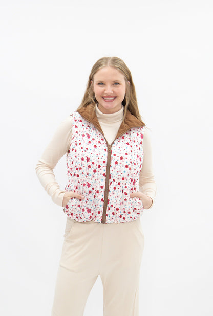 The Gillian Reversible Tan and Floral Puffer Vest