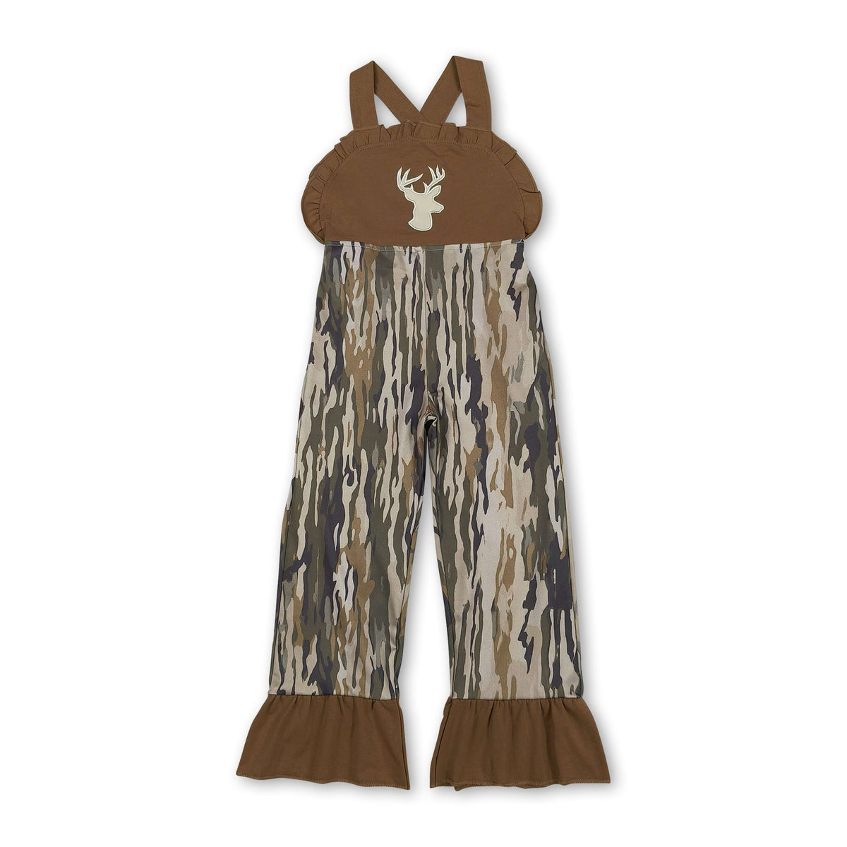 Deer embroidery brown ruffle camo kids girls jumpsuit
