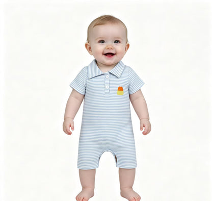 Stripe pumpkin tractor embroidery boy fall romper