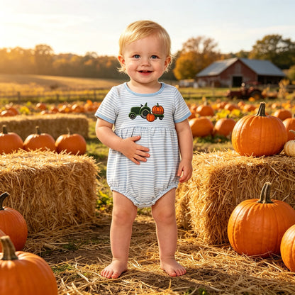 Stripe pumpkin tractor embroidery boy fall romper