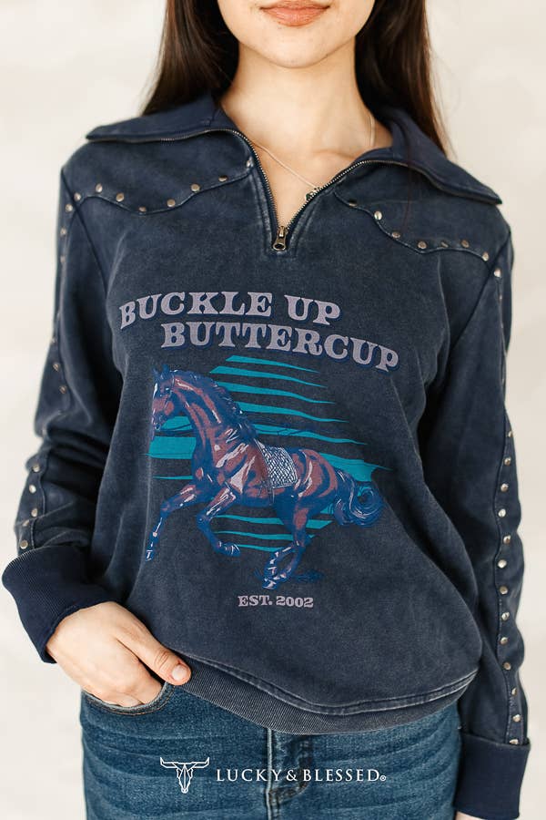 Dark Blue Mineral Wash Vintage Running Horse Sweater