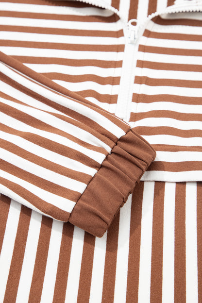 Brown Stripe Color Block Patchwork Quarter Zip Pullover Sporty Shorts Set