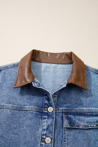 Sky Blue Patchwork Leather Collar Long Sleeve Denim Jacket