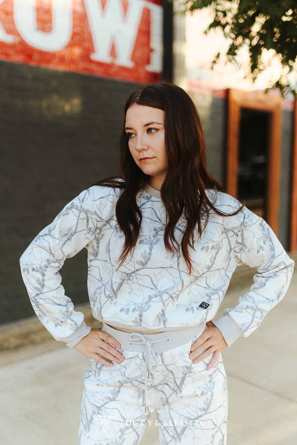 White Camo Print Cropped Sweatshirt & Pants Lounge Set