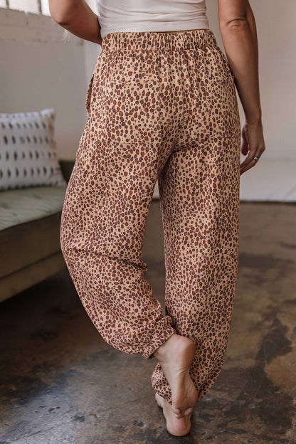 Khaki Leopard Print Drawstring Waist Patch Pockets Pants