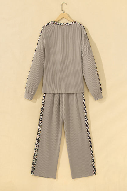 Simply Taupe Cozy Ribbed Patchwork Leopard Trim Long Sleeve 2pcs Pant Set