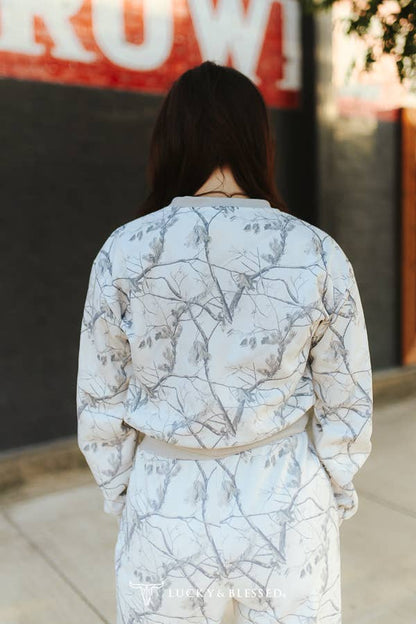 White Camo Print Cropped Sweatshirt & Pants Lounge Set