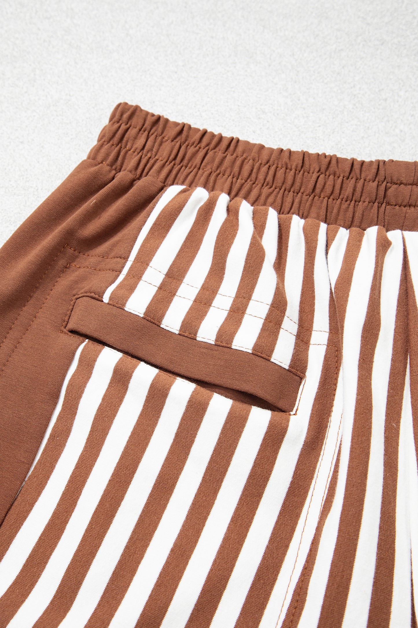 Brown Stripe Color Block Patchwork Quarter Zip Pullover Sporty Shorts Set