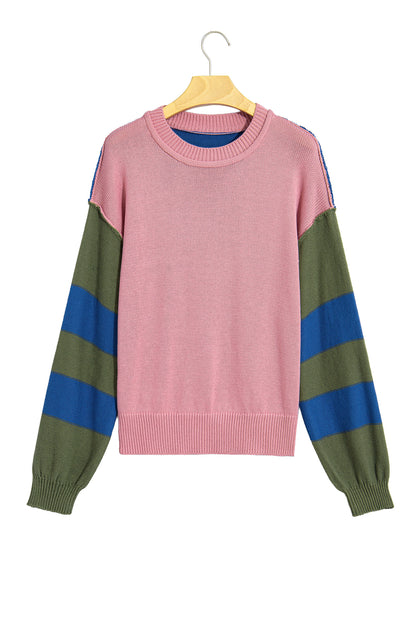 Multicolour Western Colorblock Patchwork Striped Long Sleeve Pullover Sweater