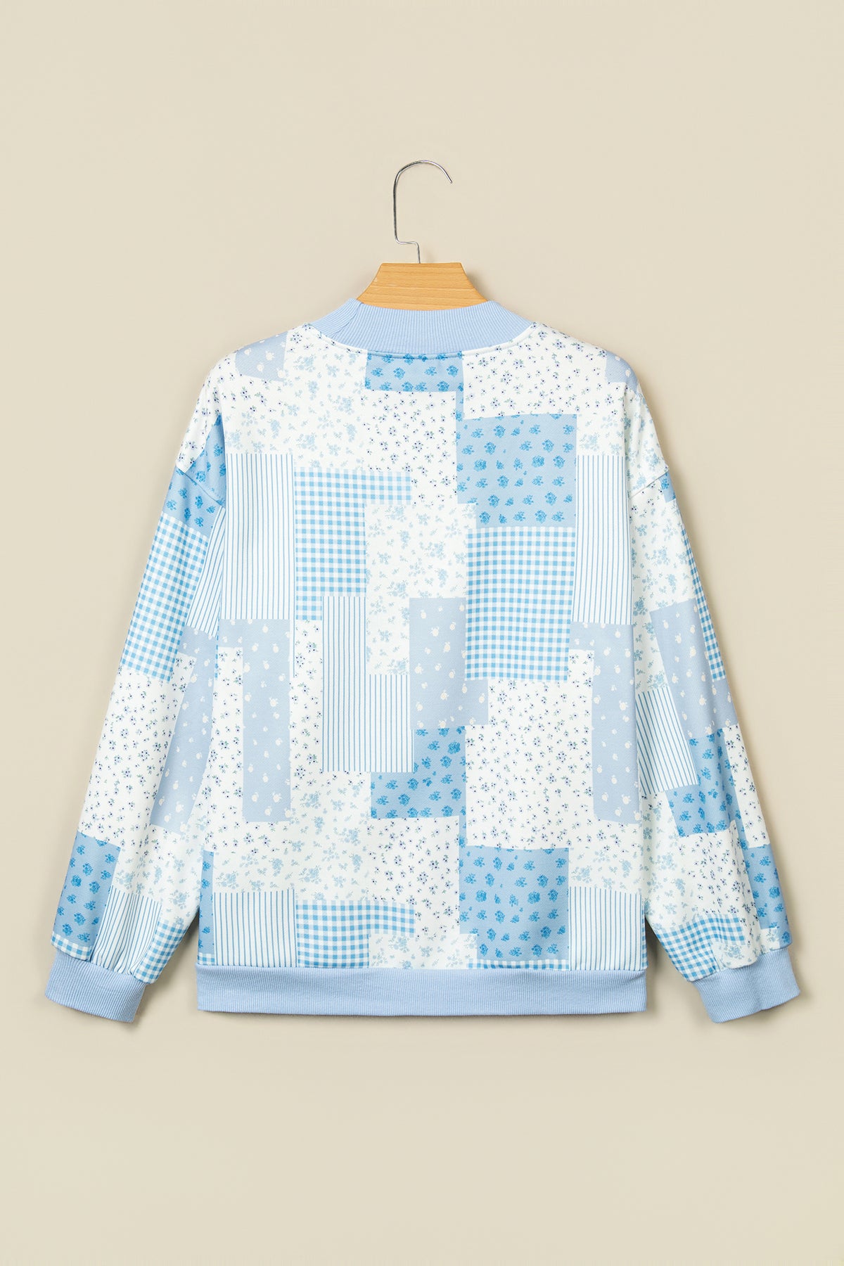 Khaki Patchwork Floral Print Mock Neck Long Sleeve Sweatshirt