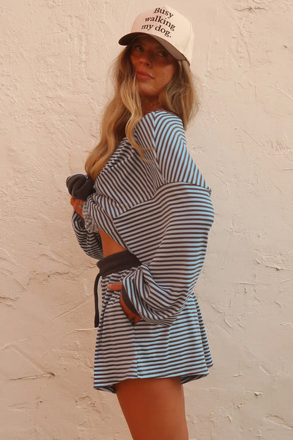 Brown Stripe Oversized Long Sleeve Top Drawstring Loose Shorts 2pcs Set