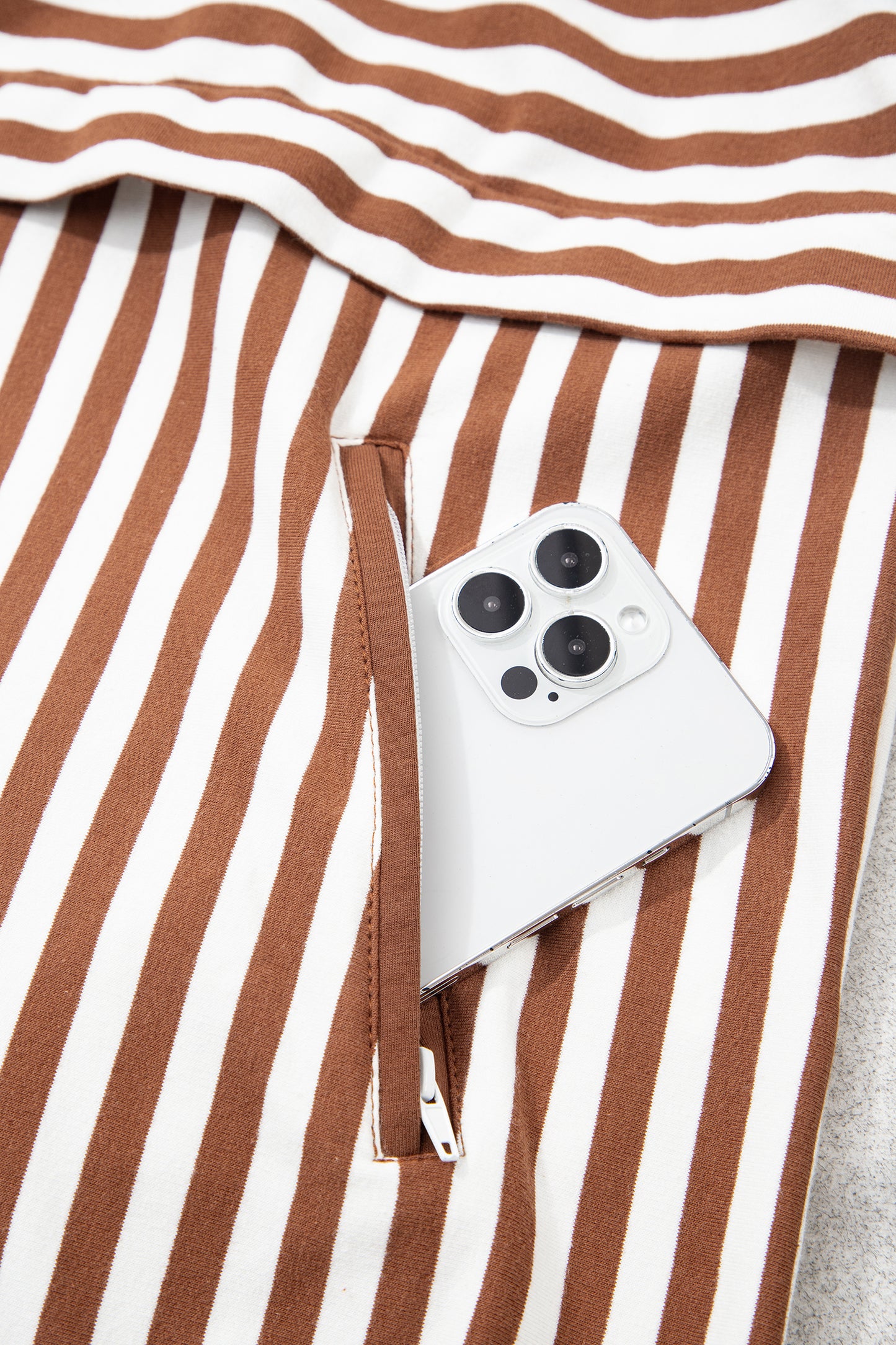 Brown Stripe Color Block Patchwork Quarter Zip Pullover Sporty Shorts Set