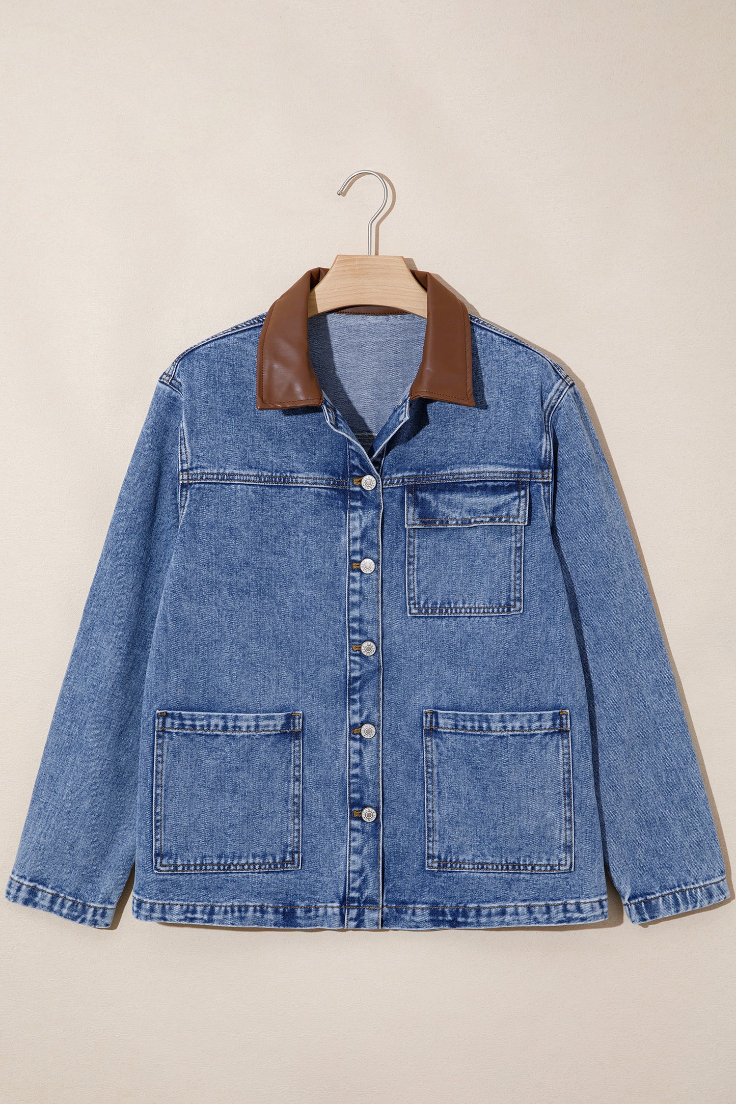 Sky Blue Patchwork Leather Collar Long Sleeve Denim Jacket