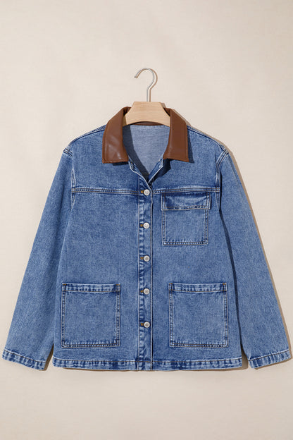 Sky Blue Patchwork Leather Collar Long Sleeve Denim Jacket