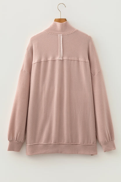 Oatmeal Twist Ribbed Zipper Collar Drop Shoulder Long Sleeve Top
