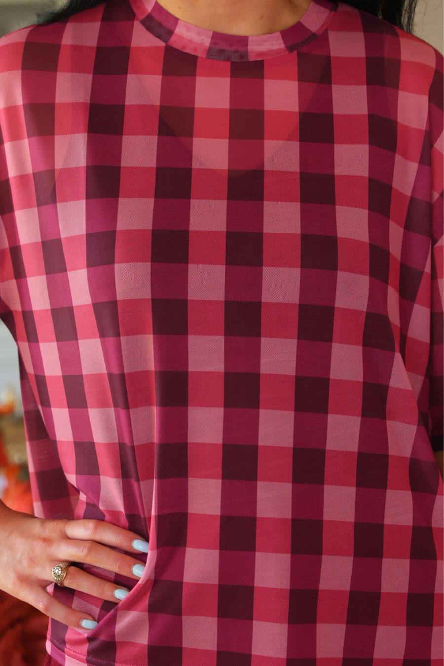 Emma Mesh Tee- Cranberry Gingham